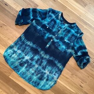 Como Black 1/4 Button Up 3/4 Sleeve Semi Sheer Blue Tie Dye Blouse Women’s S